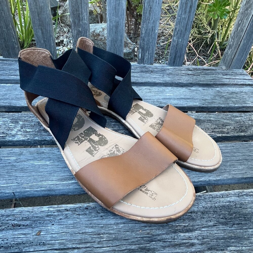Sorel Ella Women's Sandals Tan Leather Black Elastic Criss Cross Straps Size 9.5